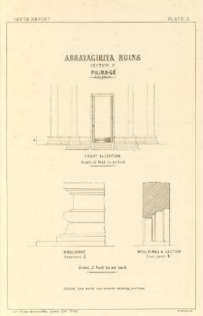 Plate X. Abhayagiriya ruins. Section II. Pilima-gé. Front elevation. Mouldings. Mouldings & section.