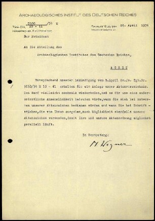 M. Wegner an DAI Athen