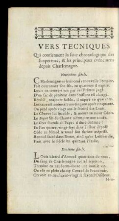 Vers Tecniques Qui contiennent la suite chronologique de Empereurs, & les principaux événemens depuis Charlemagne.