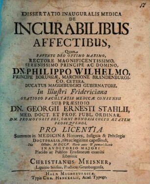 Dissertatio Inauguralis Medica De Incurabilibus Affectibus