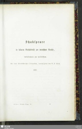 Shakspeare in seinem Verhältnis zur deutschen Poesie, insbesondere zur politischen : Aus dem literarischen Taschenbuch. 1844