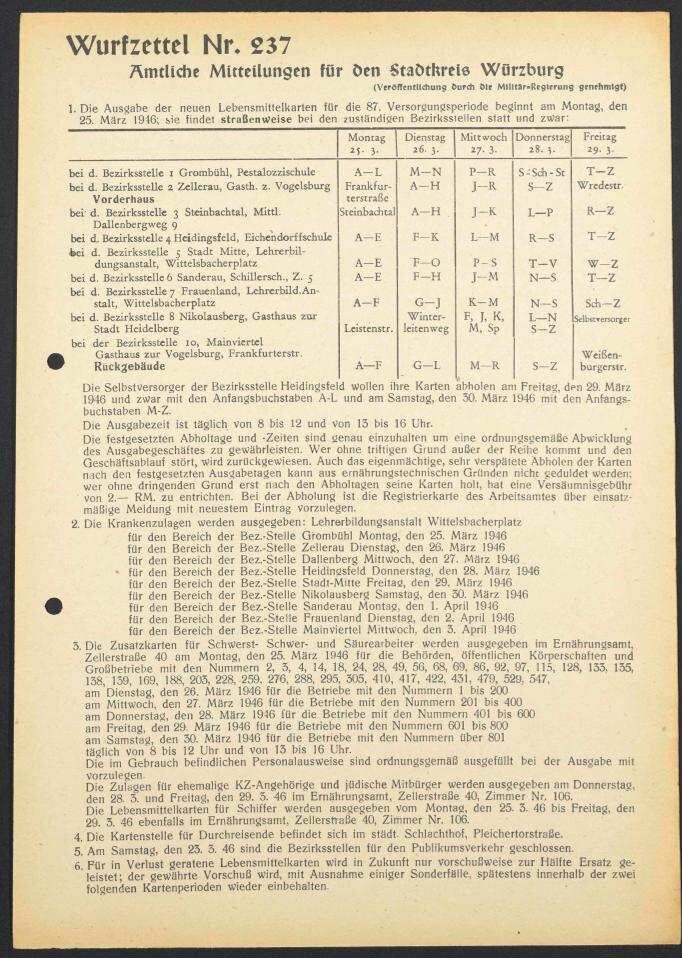 Wurfzettel Nr. 237 Amtliche Mitteilungen für den Stadtkreis
                              Würzburg | Digitalisierung: Stadtarchiv Würzburg