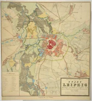 Stadtplan von Leipzig mit der Umgebung von einer Meile, einem Maßstab in Ruthen und einer Legende