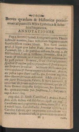 Breves quaedam & Historicae potissimum ad praemissa MSta Epistolica & Scholica Fragmenta, Annotationes.