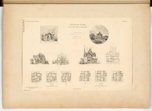 Villa für eine Familie, Berlin-Grunewald: Grundriss Keller, Erdgeschoss, Obergeschoss, Aufriss Südansicht (zum See), perspektivische Ansicht; 2 Maßstabsleisten