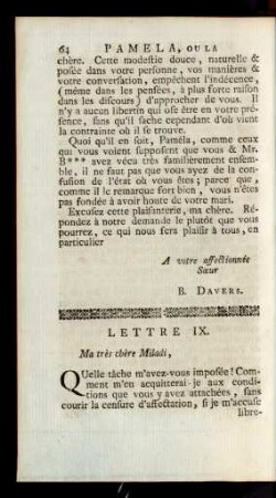 Lettre IX. Ma très chère Miladi, ...