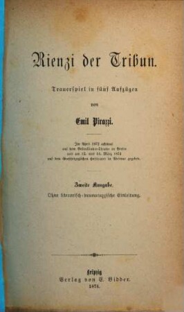 Rienzi der Tribun : Trauerspiel in 5 Aufzügen