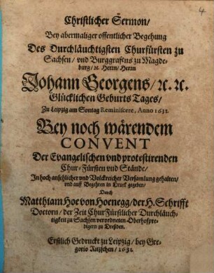 Christliche Sermon bey (Joh. Georg Margg. von Brandenburg Geburtstag)