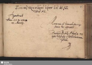 Stammbucheintrag von Balthasar Bebel. Straßburg, 14. März 1664