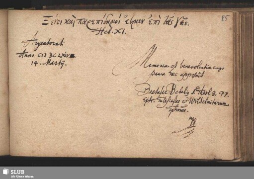 Stammbucheintrag von Balthasar Bebel. Straßburg, 14. März 1664