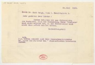 Brief an Karl Weigl : 22.06.1926