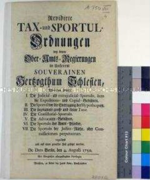 Revidierte Tax- und Sportulordnung von Friedrich II. König in Preußen für das Herzogtum Schlesien
