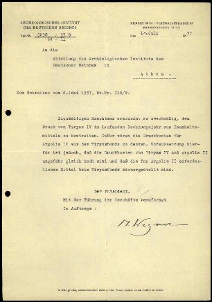 M. Wegner an DAI Athen