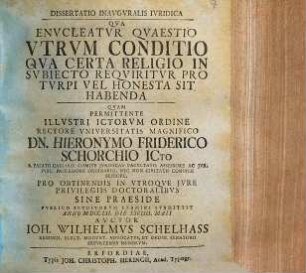 Dissertatio Inavgvralis Ivridica Qva Envcleatvr Qvaestio Vtrum Conditio Qva Certa Religio In Svbiecto Reqviritvr Pro Tvrpi Vel Honesta Sit Habenda