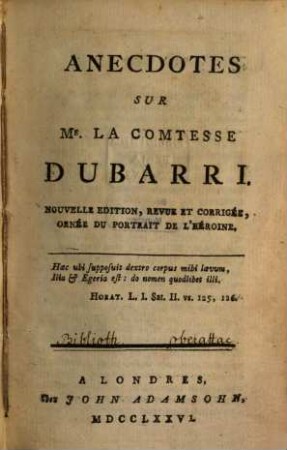 Anecdotes sur la comtesse DuBarry