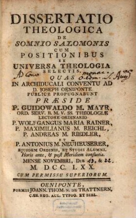 Diss. theol. de somnio Salomonis