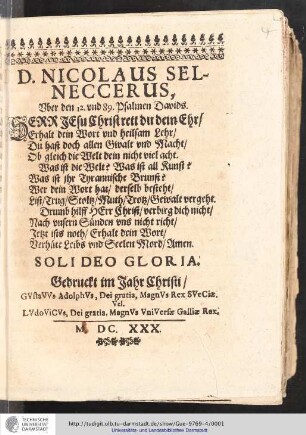 D. Nicolaus Selneccerus, Uber den 12 . und 89. Psalmen Davids.