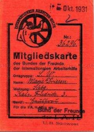 Mitgliedsausweis des Bundes der Freunde der Internationalen Arbeiterhilfe