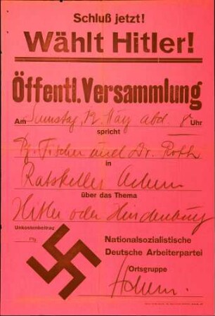 Versammlung der NSDAP-Ortsgruppe Achern: Hitler oder Hindenburg