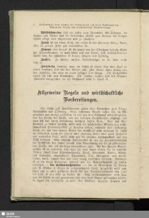 Allgemeine Regeln und wirthschaftliche Vorbereitungen