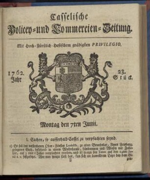 23. Stueck, Montag den 7ten Junii 1762