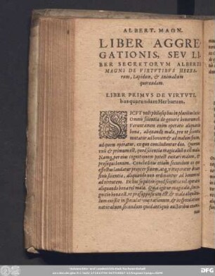 Liber Aggregationis, Seu Liber Secretorum Alberti Magni De Virtutibus Herbarum, Lapidum, & Animalium quorundam.