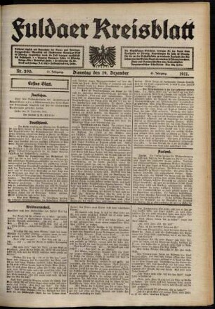 Erste Ausgabe vom Dienstag, den 19. Dezember 1911.
