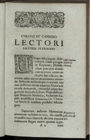 Curioso Et Candido Lectori Salutem Plurimam!