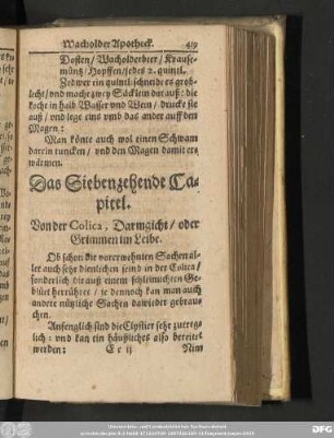 Das Siebenzehende Capitel. Von der Colica, Darmgicht/ oder Grimmen im Leibe.