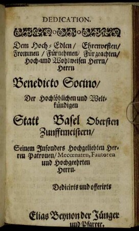 Dem Hoch-Edlen/ Ehrenvesten [...] Herrn Benedicto Sorino [...]