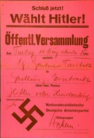 Versammlung der NSDAP-Ortsgruppe Achern: Hitler oder Hindenburg (in Großweier)