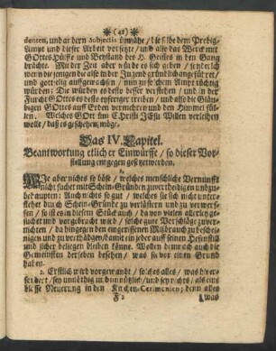 Das IV. Capitel. Beantwortung etlicher Einwürffe/ so dieser Vorstellung entgegen gesetzet werden.