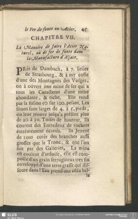 Chapitre VII. La Maniére de faire l'Acier Naturel, où de fer de fonte dans la Manufacture d'Alsace