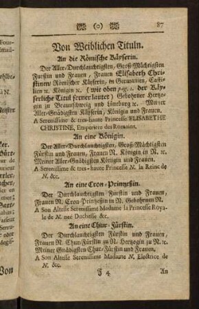 87-94, Von Weiblichen Tituln. An Geistliche Weibes-Personen.