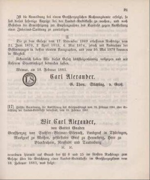 17. Höchste Verordnung, die Ausführung des Gesetznachtrags vom 18. Februar 1881 über Errichtung der Landes-Kreditkasse betreffend