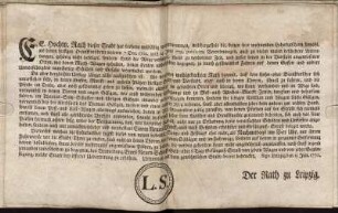 E. E. Hochw. Rath dieser Stadt hat bishero mißfällig wahrgenommen, welchergestalt die, denen hier wohnenden Lohnkutschern ... Verordnungen ... nicht befolget ... : Sign. Leipzig den 15. Jun. 1770.