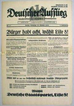Wochenzeitung der Deutschen Staatspartei "Deutscher Aufstieg" zur Reichstagswahl am 6. November 1932