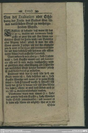 Von der Exaltation oder Erhöhung der Farbe des Goldes über seinen natürlichen Grad zu vorhergehenden Wercke