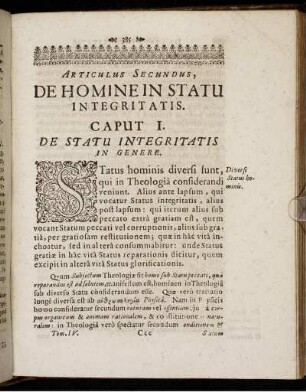 Articulus Secundus, De Homine In Statu Integritatis.