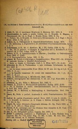 Antiquarischer Katalog, 118. Medicin : neueste Erwerbungen