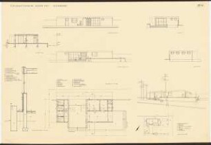 Kleinbahnhof: Schnitt A-A, Ansichten, Fassadenschnitt 1:20, Grundriss 1:100, perspektrivische Ansicht, Lageplan 1:500