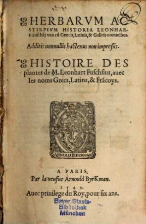 Herbarum ac stirpium historia : una cum graecis, latinis et gallicis nominibus