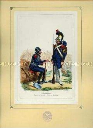 Uniformdarstellung, Sappeure des Genie-Korps in Arbeits- bzw. Parade-Uniform, Frankreich, 1804. Aus: Bellangé: Die Soldaten der französischen Republik und des Kaiserreichs.