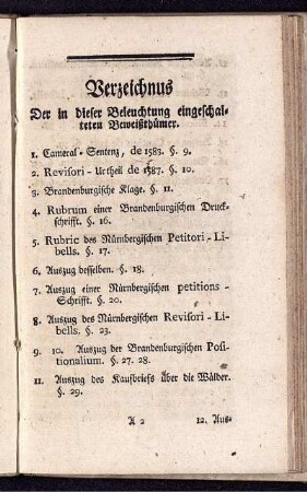 Verzeichnus Der in dieser Beleuchtung eingeschalteten Beweißthümer.