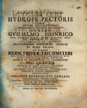 Dissertatio Medica Inavgvralis De Hydrope Pectoris