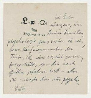 Brief von Raoul Hausmann an Hannah Höch, Berlin. Briefkopf Club Dada. Fehldruck