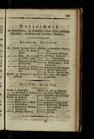 Verzeichniß der Kurhessischen, zur Casselschen Lehns-Curie gehoerigen Fuerstlichen, Graeflichen und Adelichen Vasallen