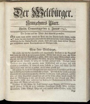 Neunzehntes Blatt. Berlin, Donnerstags den 8. Junius 1741.