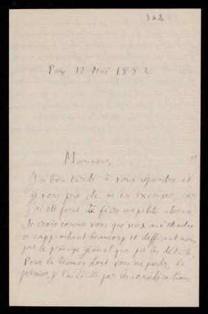 Nr. 11 (= Nr. 362) Brief von Henri Poincaré an Felix Klein. Paris, 12.5.1882
