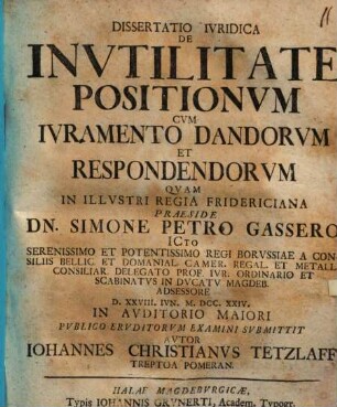 Diss. iur. de inutilitate positionum cum iuramento dandorum et respondendorum